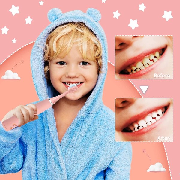 CQBB Elektrisk tandborste Barn 3-12 år, tandvård Munvård tandborste Tyst vattentätt batteri eltandborste för barn med 5 borstar He
