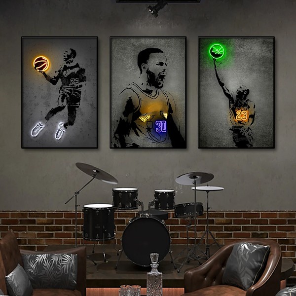 Graffiti-koripalloilija Canvas-taulu Neon-efekti Urheilutähti Poster Jalkapallo Seinätaide Painatukset Huoneen Koti Sisustus Kuvat 12 20x30cm ilman kehystä