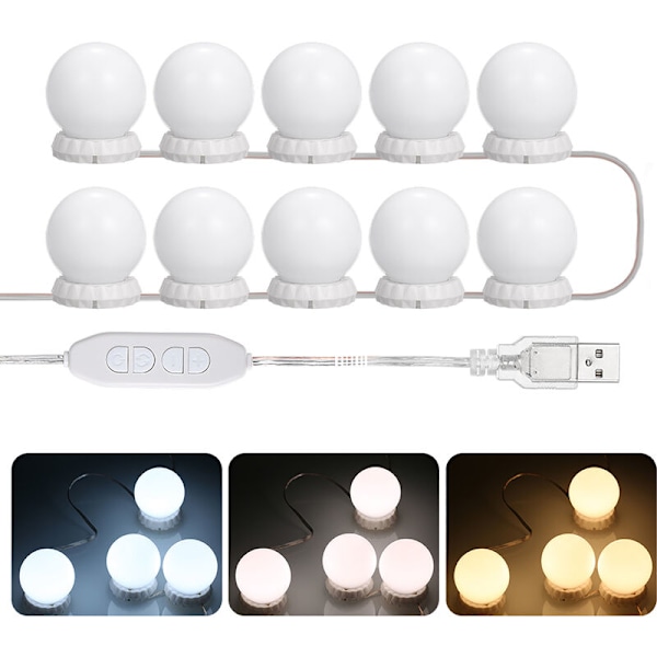LED-sminkspegelbelysningsset med 10 dimbara glödlampor 10 ljusstyrkor och 3 belysningslägen USB-spegelljussträng för smink