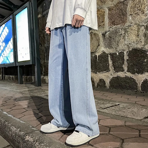 Koreansk mote Menn Baggy Jeans Elastisk Midje Klassisk Olid Farge Rett-Bens Denim Bredben Bukser Mann Lys Blå Gre Gret Svart Hvit Blå XXL 77.5-85kg