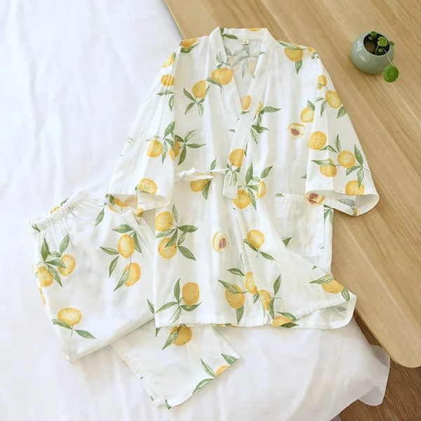 2024 Nya Sjuärmen Japansk Stil Kimono Pyjamas Set Kvinnlig Vår Och Höst 100% Bomullsväv Kläder Söta Söta Två-P 16 M