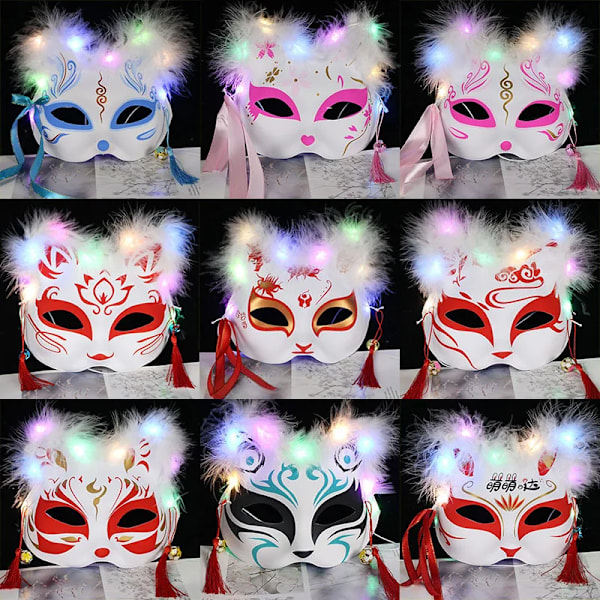 Luminous Led Räv Mask Japanska Cosplay Blinkande Glödande Mörka Ögon Mask Rave Kostym Anime Halv Ansikte Katt Masker Maskerad Parti Rekvisita 10