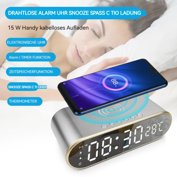 Digital väckarklocka, Bluetooth högtalare, trådlös laddning, LED-display