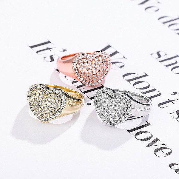 Hip Hop Guld Silver Färg Hjärtring Koppar Iced Out Cubic Zirconia Mode Delikat Smycken Present Män Kvinnor Guld Gold