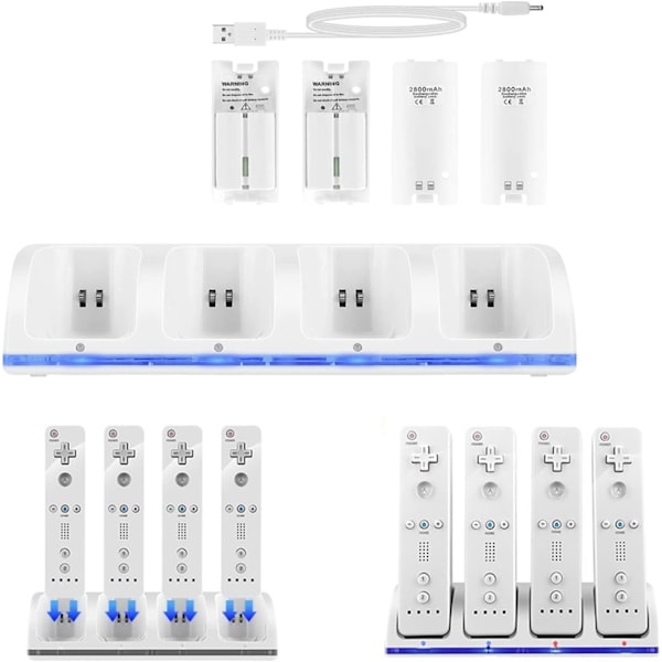 Wii Controller Lade Station, 4 i 1 Controller Lade Dock med 4 stk. 2800mAh Genopladelige Batteripakker til Wii/Wii U Spil Fjernbetjening Hvid White