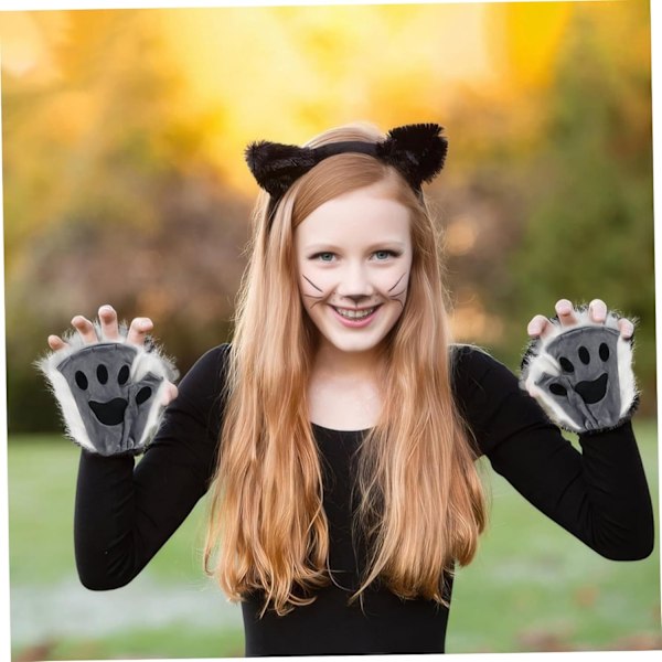 Therian Paws, Kissan tassu 1 pari puolihansikas Therian Paws Söpöt brodeeratut turkistassut Koristeelliset realistiset tassahanskat lapsille aikuisille cosplay-näyttämölle, musta Grå