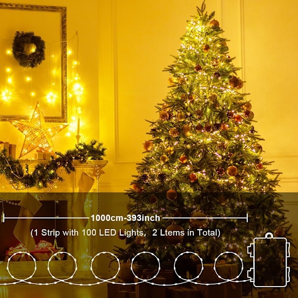 Batteridrevne Feelykter, 10m 100 LED Varmt Hvit, 8 Moduser for Høytidsdekor 2 pcs