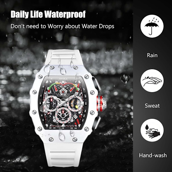 Mænds Tonneau Ur Analog Kvarts Multifunktionel Chronograf Moderigtig 5 ATM Vandafvisende Armbåndsur med Silikonrem Hvid White