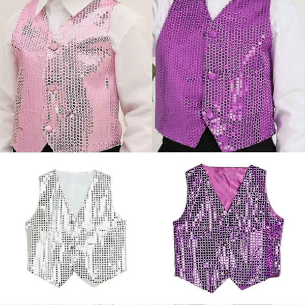 Glitterväst för fest, unisex, färgglad, barn, ärmlös, paljettväst - perfekt rosa Pink L