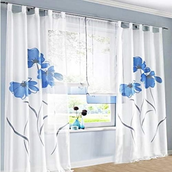 Scarfgardin 2- print gardin Blommönstergardin för vardagsrummet Scarfspänne (Bred 150cm Höjd 245cm, Blå),