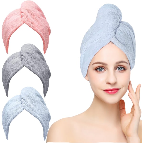 3-pack torrt hår handduk, superabsorberande snabbtorkande cap Rosa gråblå 25*70cm