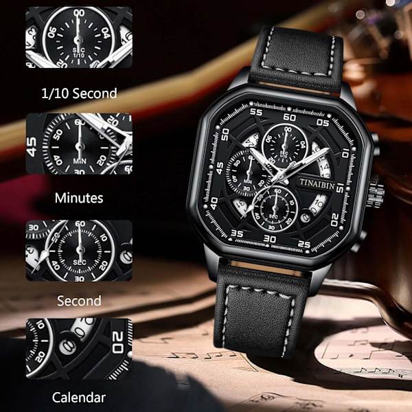 Herreure Fashion Multifunktionelt Armbåndsur Chronograph Lysende Ur Mænd Rustfrit Stål Herreure Kvadratisk Fritidsur Sort B Black B