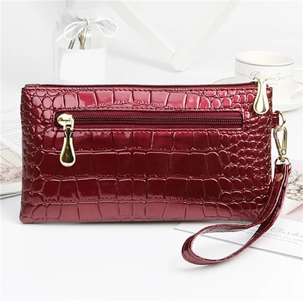 Alligator Läder Damplånböcker Lång Tygväska Dam Plånbok med dubbla dragkedjor Dam Clutchväska Design Handväska Krokodilplånböcker Wine Red   1