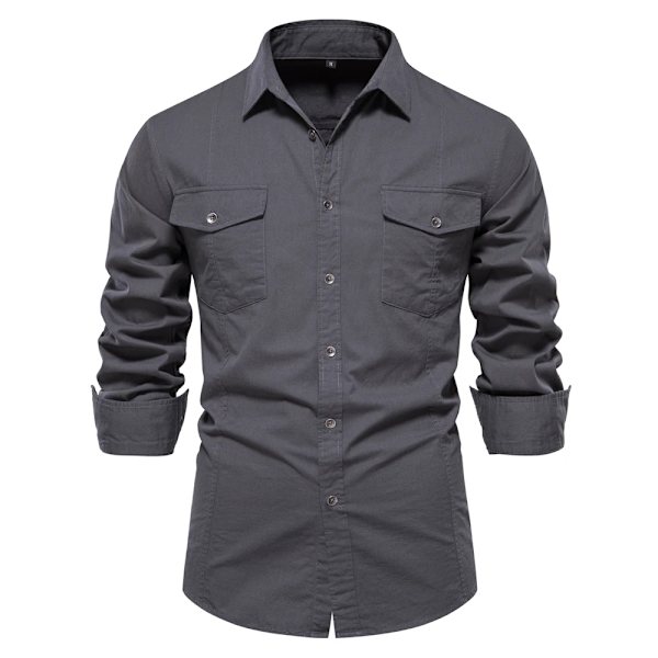 2023 Ny høst militær stil 100 % bomull fickskjorte for menn Ensfarget Smal Casual Herreskjorter Langærmede DarkGrey XXL