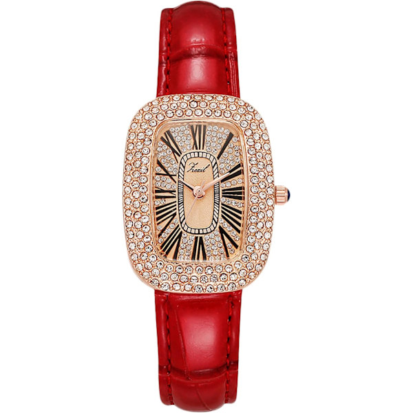 Naisten timanttikello Analog Quartz Rhinestone rannekello Naisten elegantti kello Nahkahihna Vedenkestävä kello Punainen RED