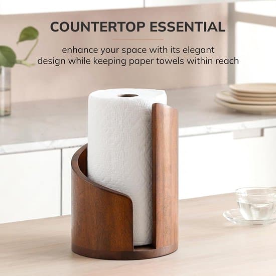 Paper Towel Holder Stand Solid Wood Vertical Roll Dispenser With Metal Side Bar for Kitchen Countertop Dining Table Brown