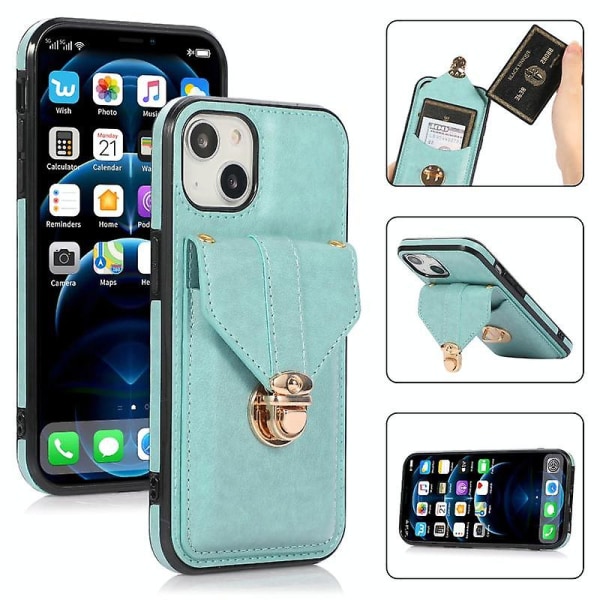 Fashion Spänne Case med hållare & kortplats & plånbok & rem för iPhone 13 Pro(grön)
