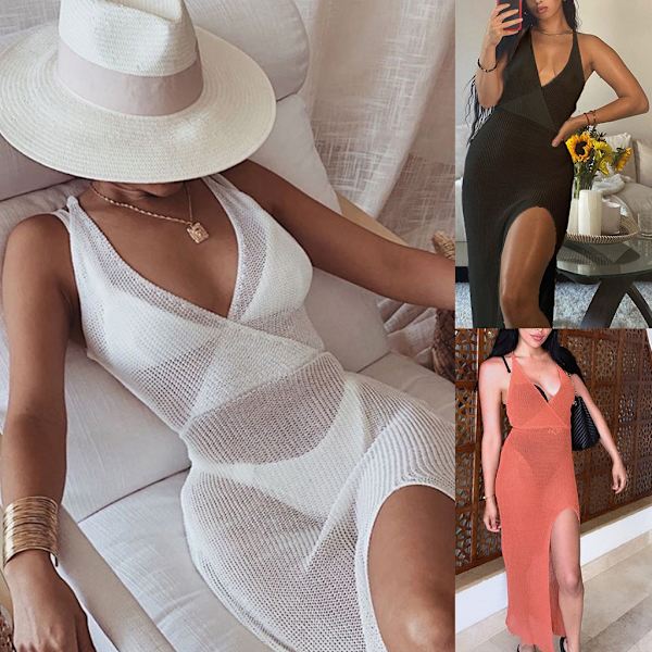 Kvinder sommer ærmeløs badedragt Cover Up exig plit hæklet Mesh Strandkjole Hvid S White S
