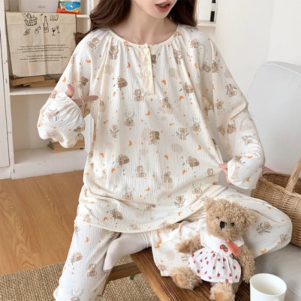 Nytt Lätt Randiga Kräpp Lång Ärm Pyjamas För Kvinnor Mode Söt Våren Höst Hem Kläder AQY8805 Kaola XL