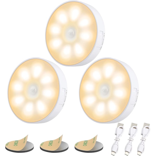 3 st Laddningsbara Rörelsesensor Nattlampor, USB Magnetisk Sladdlösa Lampor Warm White
