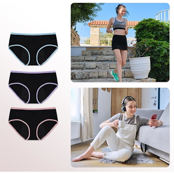 Flickors menstruationstrosor, 3-pack, andningsbara bomullsunderkläder, läckagesäkra skyddande trosor, bomullskalsonger (10-16 år)