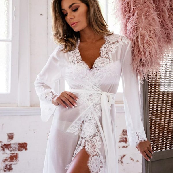 Damnattlinje spetsnattlinje kimono nattlinje kostymklänning vit white white XL