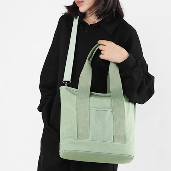 Håndveske i canvas, tote bag dame skulderveske dame, canvas tote bag skulderveske shopper med glidelås for hverdagsbruk, skole, shopping, arbeid, reise grön