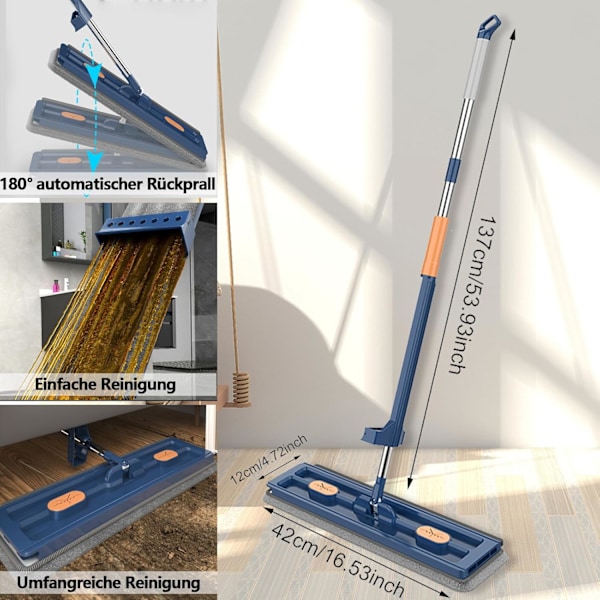 Stor Flat Mop med 360° Rotterbar Vringing, Mikrofiberputer for Hardtre Blue + 2 rags