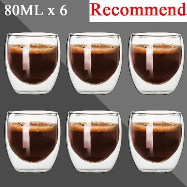 80ml dobbeltvegget glasskopp 2/12ST Transparent håndlaget varmebestandig tedrikkesett Espresso kaffe Melkekopper Gave 6stk 80ml Som vist