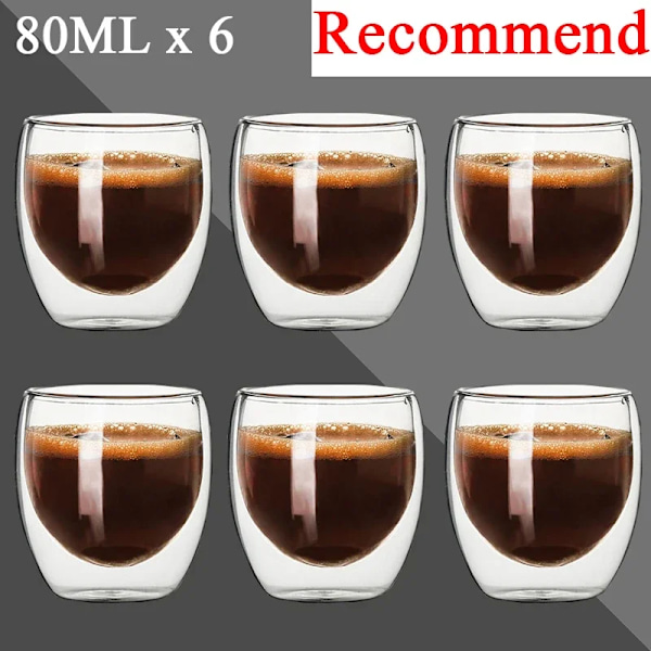 80ml dubbelväggat glaskopp 2/12ST Transparent handgjord värmebeständig tedrink set Espresso kaffe Mjölkmuggar Present 6pcs 80ml Som visas