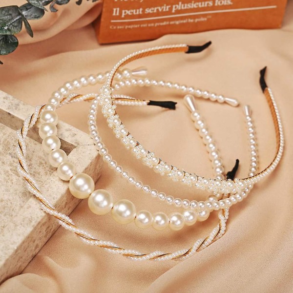 4 Pack Pearls Fashion Pannband, vit Konstgjord Pärla Rhinestones Hårband Hår Accessoarer