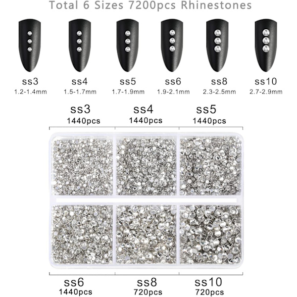 7200 kpl Kirkkaita Litteitä Strassisia Koristeita käsitöihin, Sekoitettu 6 Kokoa Vahakynien Setillä, SS3-SS10 crystal 6 Sizes/7200pcs