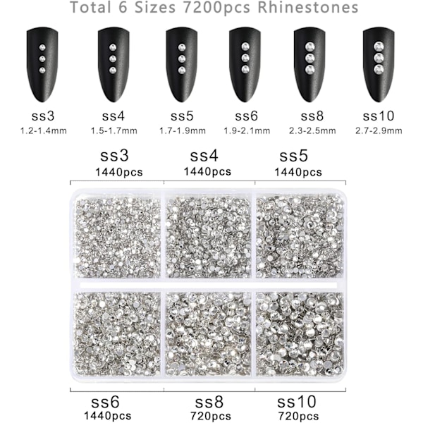 7200 st Klar Flatback Strassstenar för Hantverk, Blandade 6 Storlekar med Vaxpenna-Set, SS3-SS10 crystal 6 Sizes/7200pcs