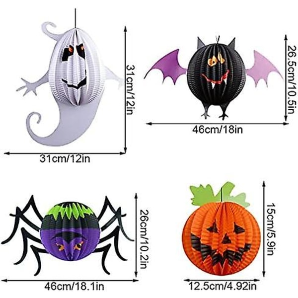 4 st papperslykta Halloween-dekor - spöke, pumpa, spindel, fladdermus