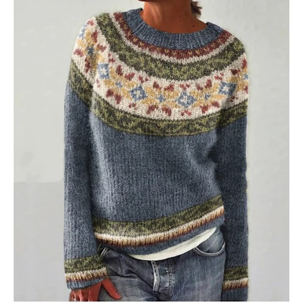 Dame Løstsittende Strikket Genser - Rund Hals Fargeblokk Motegenser marineblå XL navy blue XL