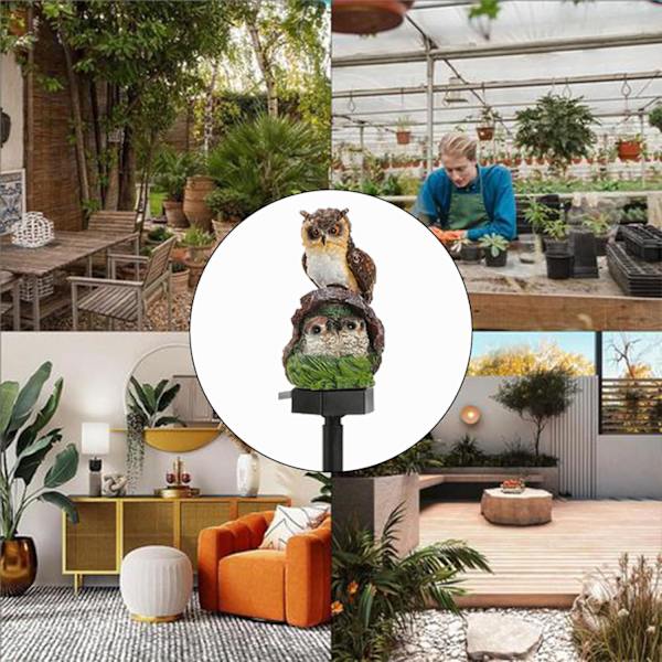 Solcelledrevet havefigur - Fuglestatue lampe | LED stibelysning | Dekoration til baggårdsplænen | Naturinspirerede havedekorationer | Udendørs accent Uggla med tre huvuden