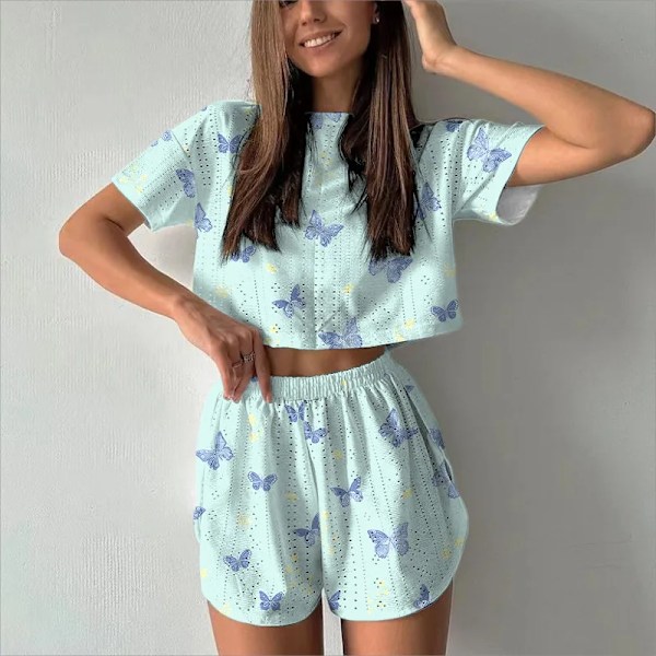 Kvinnors Utskrift Pyjamas Set Sommar Casual Kvinnors Kort Ärm Toppar Shorts Sleepwear 2 Bit Set Round Hals Hem Loungekläder SY038-6 XL