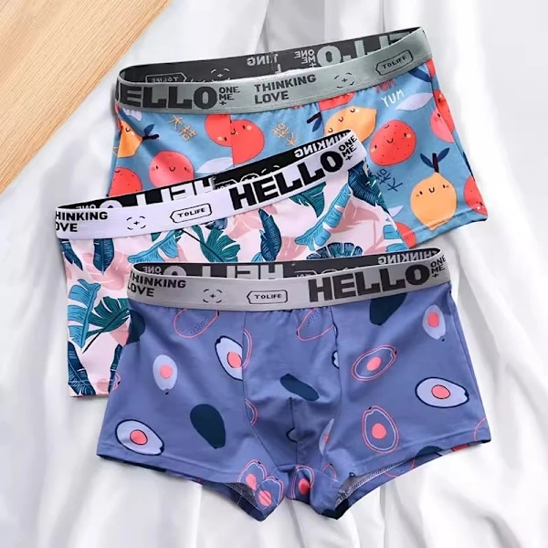 3st Herrtrosor BoxerShorts Herr Underkläder Bomull Boxer Herr Cartoon Fruktkalsonger Andas Fukt Man Boxers JuYeLi L 50-60KG