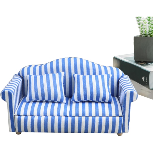 Nukkekotisohva tyynyllä - 1:12 mittakaavan miniatyyri punainen ja valkoinen raidallinen huonekalu lapsille Blue double sofa