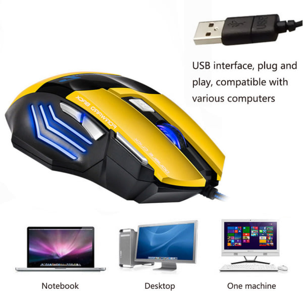 CQBB 4 Justerbar DPI och 7-knappars LED Optisk USB Wired Gaming Mus för Gamer PC MAC-gul