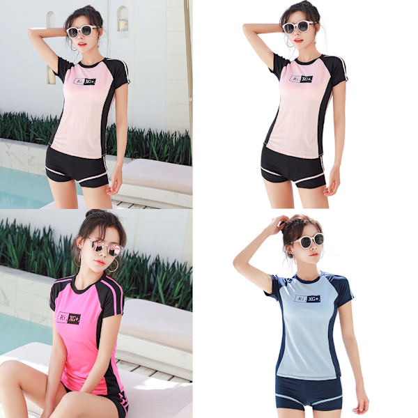Kortærmede kvinder Rashguard med drengeshorts Tvedelte delte badedragter Studerende mavekontrol badedragt til ferie Pink M Pink M
