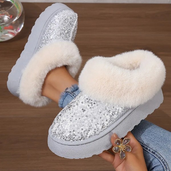 Faux Päls Vintersövlar Kvinnor 2024 Mode Sequined Tyg Värm Snö Stövövlar Kvinna Icke-Slipa Förtjocka Plus Ankel Booties Plus Si Se 44. svart 37