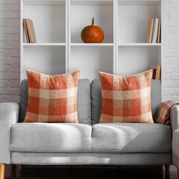 Recitem Set med 2 Orange Rutiga Höst Kuddfodral 45x45cm, Mysig Höstdekoration för Soffa eller Säng