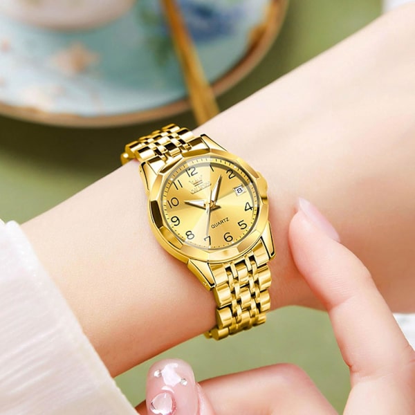 Klassiker Dame Armbåndsur i Rustfritt Stål Elegant Analog Kvartsur Vannresistent Klokker Lysende Dato Kalender Klokker Gull Gold
