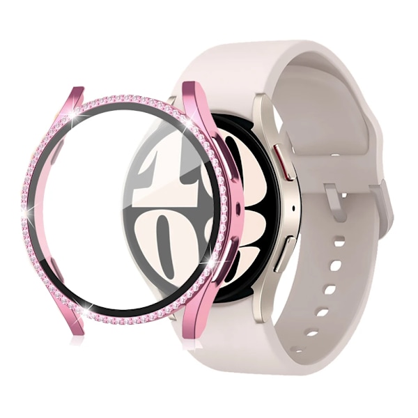 Glas+ etui for Samsung Galaxy Watch 6 40mm 44mm Tilbehør Bling PC-støtfanger+skjermbeskytter Galaxy watch 6 Cover Case rose pink galaxy watch 6 40mm