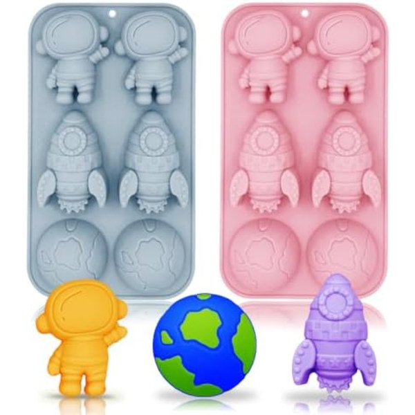 2-pak Astronaut Silikonforme Raket Planet Silikonform, 6 Hulrum Rumtema Bageform Plade DIY Værktøj til Baby S