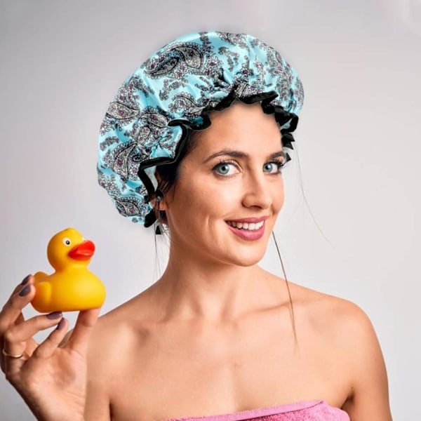 3-pak dobbeltlags brusehætte vandtæt elastisk badehætte til kvinder brusebad spa salon Multicolor-2