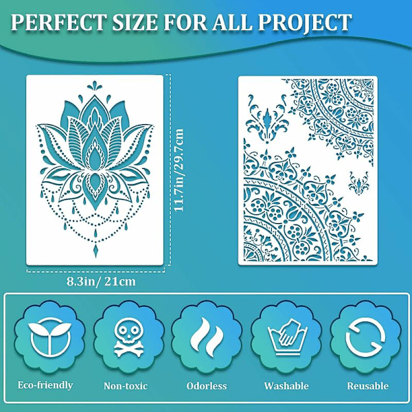 12 kappaletta suuri mandala-stencilit, uudelleenkäytettävät mandala-maalaukset, 8,3 x 11,7 tuumaa, kukkakuvio-stencilit, mandala-piirustus