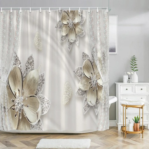 Elegant och fashionabel fantasipärlor och diamanter Bukett 3D-stil duschdraperi med badmatta Set Hem badrumsinredning 3138SD -curtain W180xH210cm