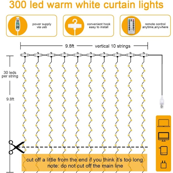 3x3m LED-gardinlampor, 300 LED, USB, 8 lägen, vattentät för inomhus, bröllop, fest, varmvit USB Drive（White）
